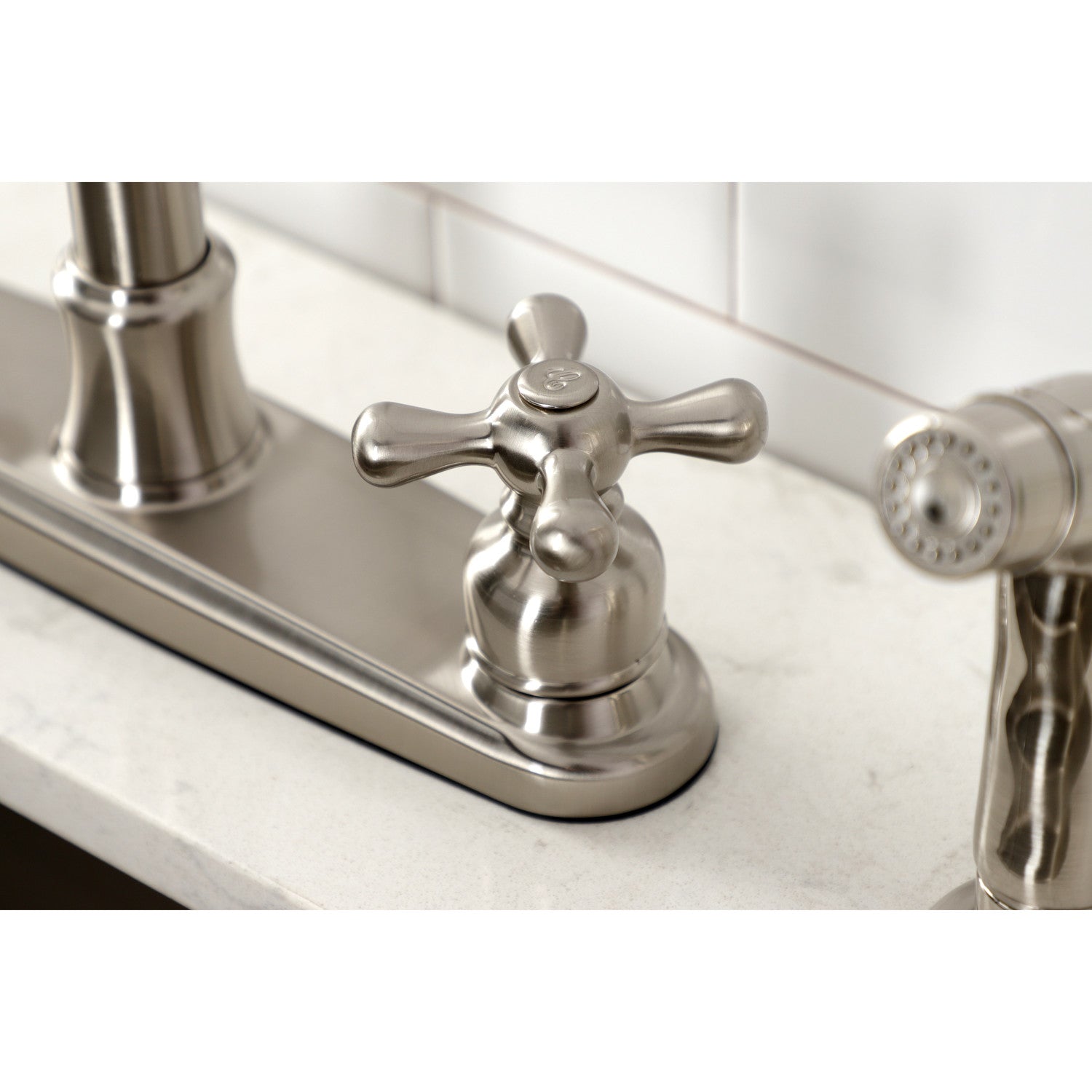 Kingston Heirloom FB7798AXSP - Victorian Two-Handle 4-Hole 8" Centerset Kitchen Faucet with Side Sprayer, Brushed Nickel — thumbnail 3